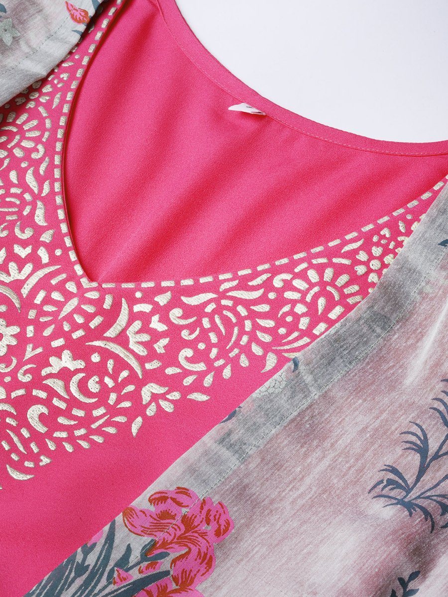 Ahalyaa Grey & Pink Floral Print Layered Anarkali Kurta | Swadesiicart