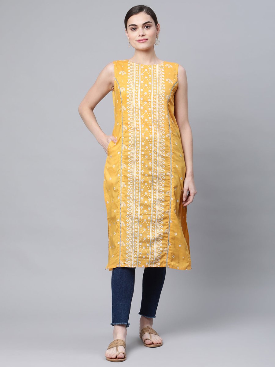 Ahalyaa Women's Mustard Pure Cotton Printed Kurta | Swadesiicart