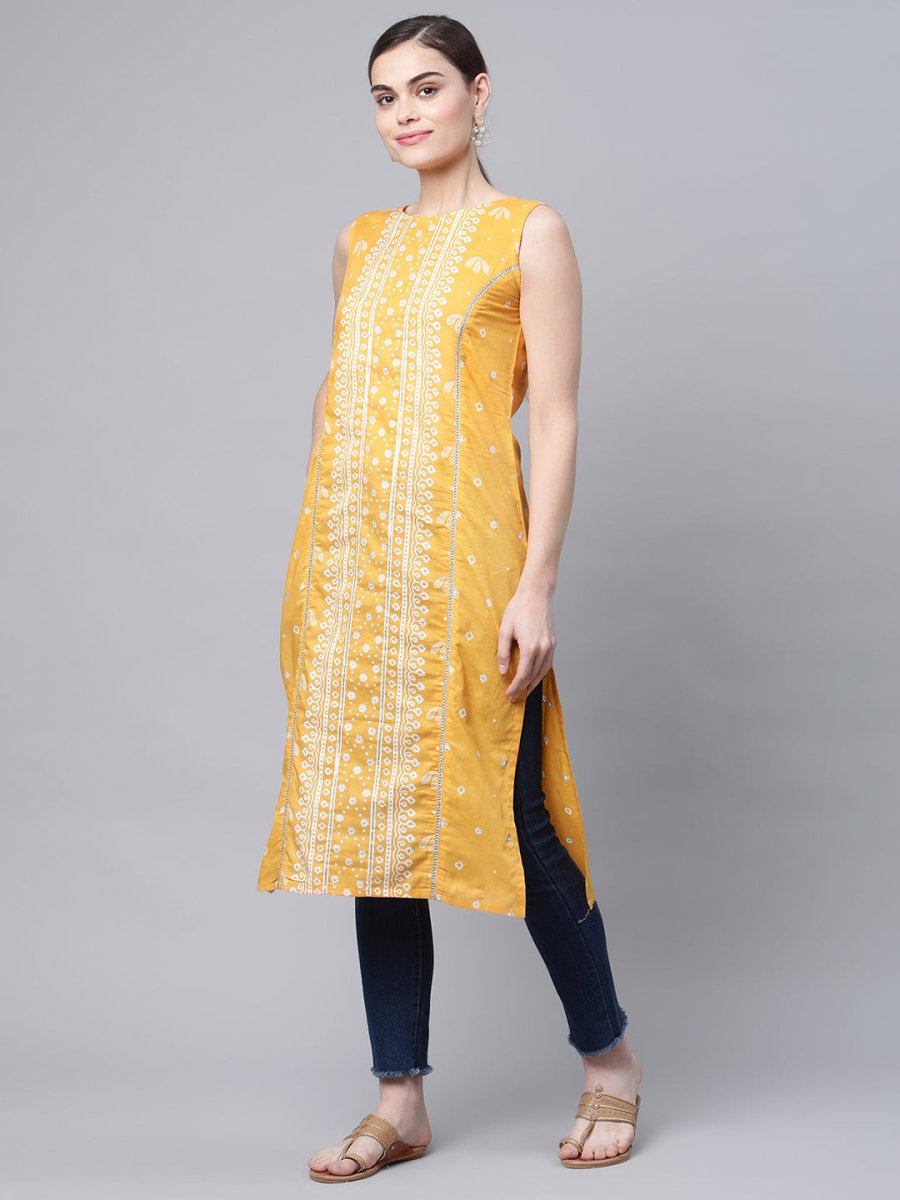 Ahalyaa Women's Mustard Pure Cotton Printed Kurta | Swadesiicart