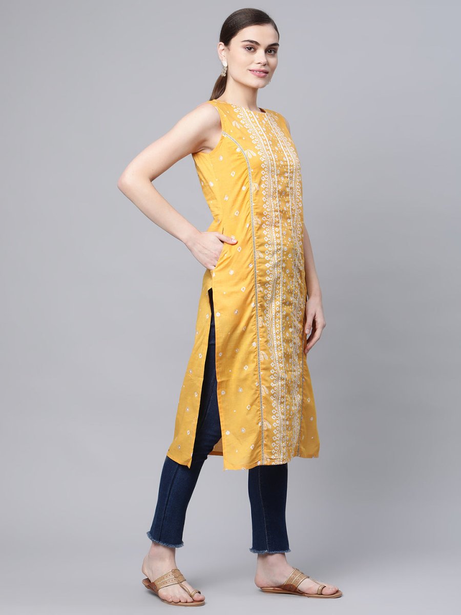 Ahalyaa Women's Mustard Pure Cotton Printed Kurta | Swadesiicart
