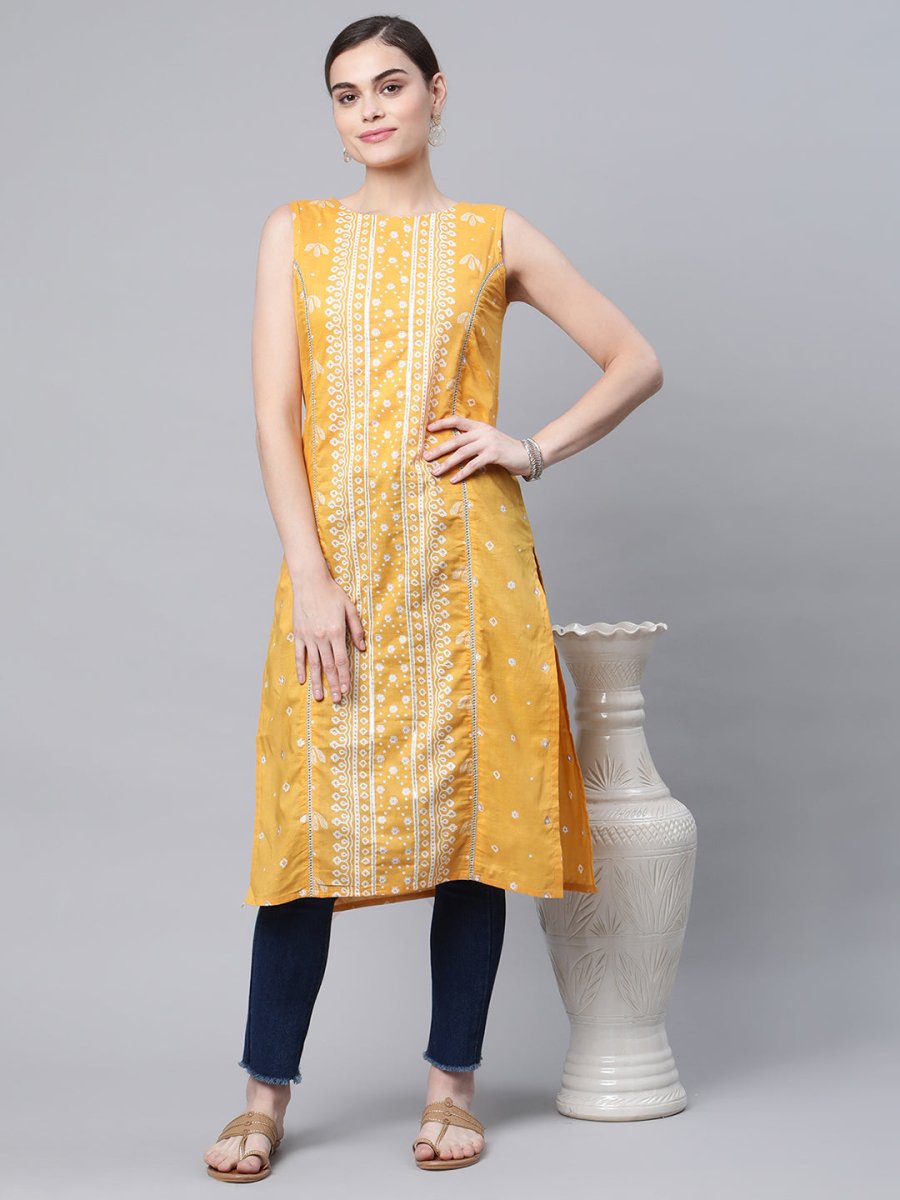 Ahalyaa Women's Mustard Pure Cotton Printed Kurta | Swadesiicart