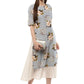 Ahalyaa Ash Blue & Cream Floral Cotton Blend Double Layered Summer Kurta Dress | Swadesiicart
