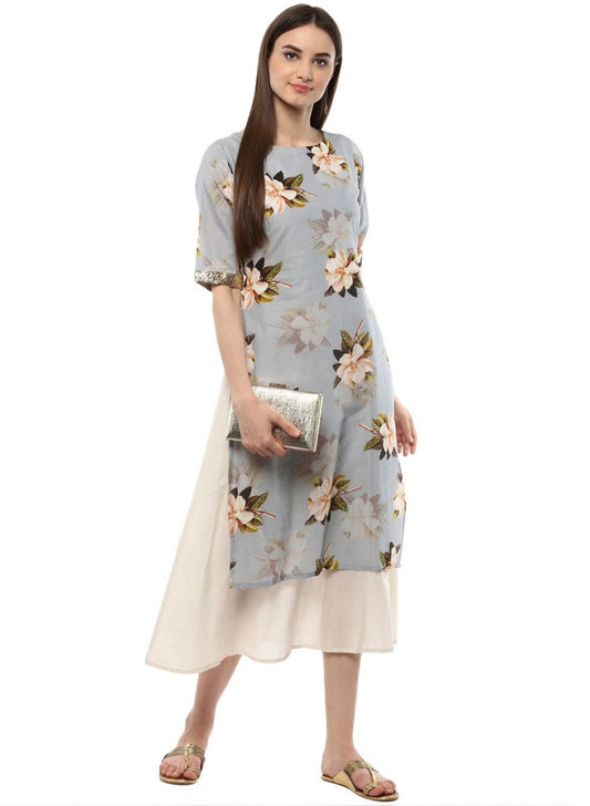 Ahalyaa Ash Blue & Cream Floral Cotton Blend Double Layered Summer Kurta Dress | Swadesiicart