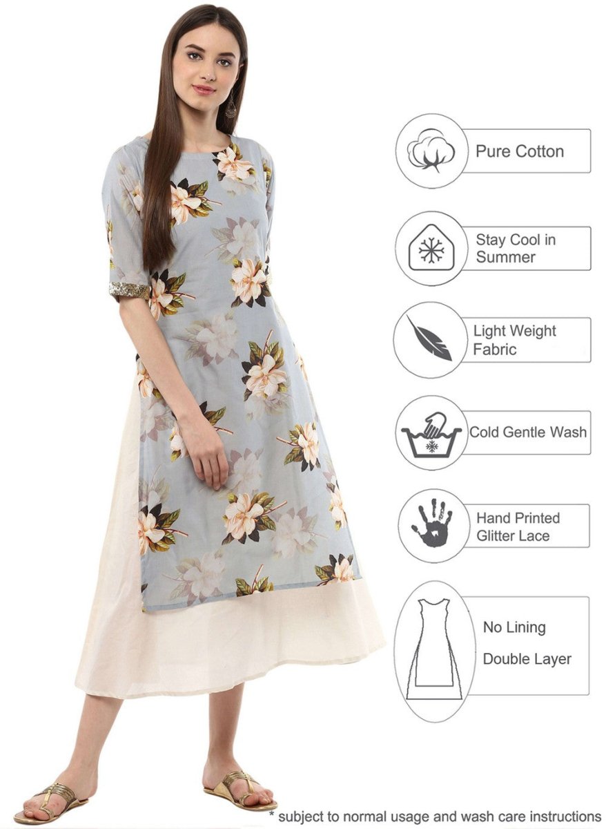 Ahalyaa Ash Blue & Cream Floral Cotton Blend Double Layered Summer Kurta Dress | Swadesiicart