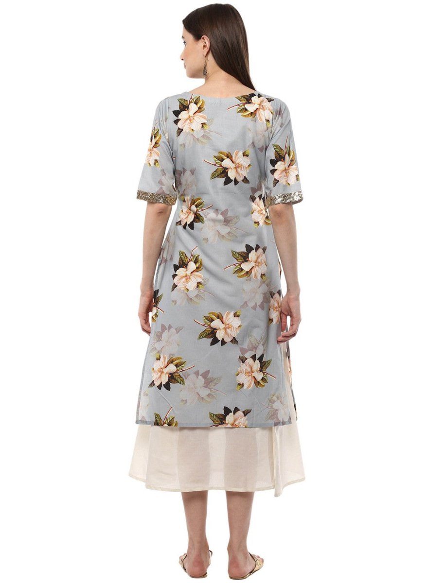 Ahalyaa Ash Blue & Cream Floral Cotton Blend Double Layered Summer Kurta Dress | Swadesiicart