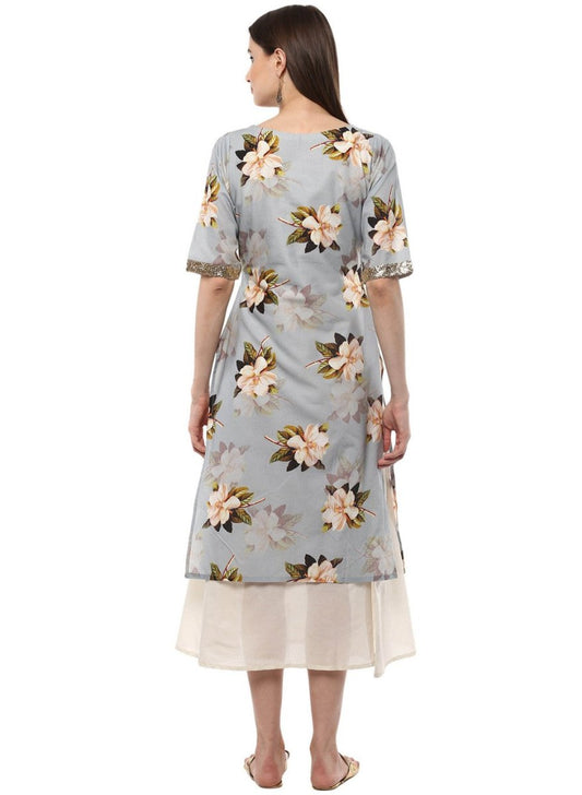 Ahalyaa Ash Blue & Cream Floral Cotton Blend Double Layered Summer Kurta Dress | Swadesiicart