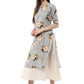 Ahalyaa Ash Blue & Cream Floral Cotton Blend Double Layered Summer Kurta Dress | Swadesiicart