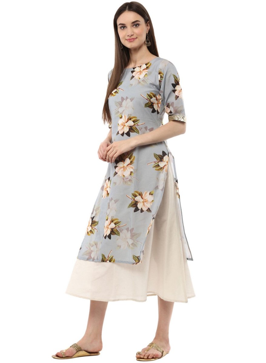 Ahalyaa Ash Blue & Cream Floral Cotton Blend Double Layered Summer Kurta Dress | Swadesiicart