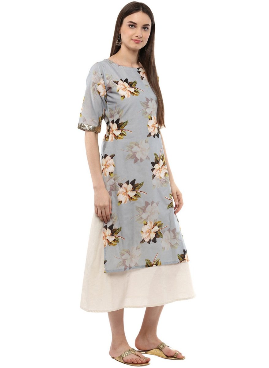 Ahalyaa Ash Blue & Cream Floral Cotton Blend Double Layered Summer Kurta Dress | Swadesiicart