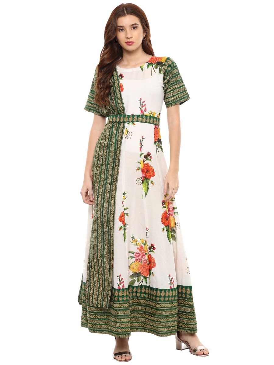 Ahalyaa Cotton Floral Attached Dupatta With Belt Flared Kurta | Swadesiicart