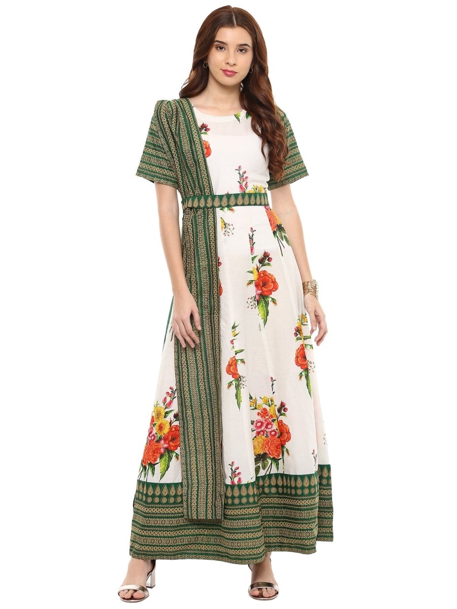 Ahalyaa Cotton Floral Attached Dupatta With Belt Flared Kurta | Swadesiicart