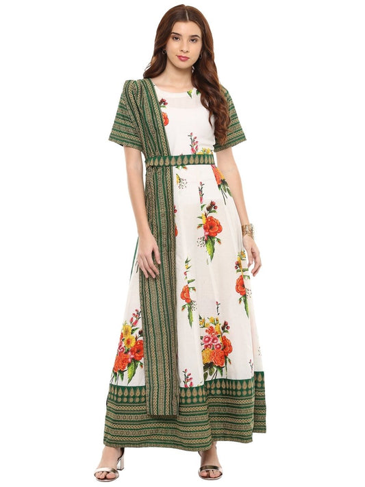 Ahalyaa Cotton Floral Attached Dupatta With Belt Flared Kurta | Swadesiicart