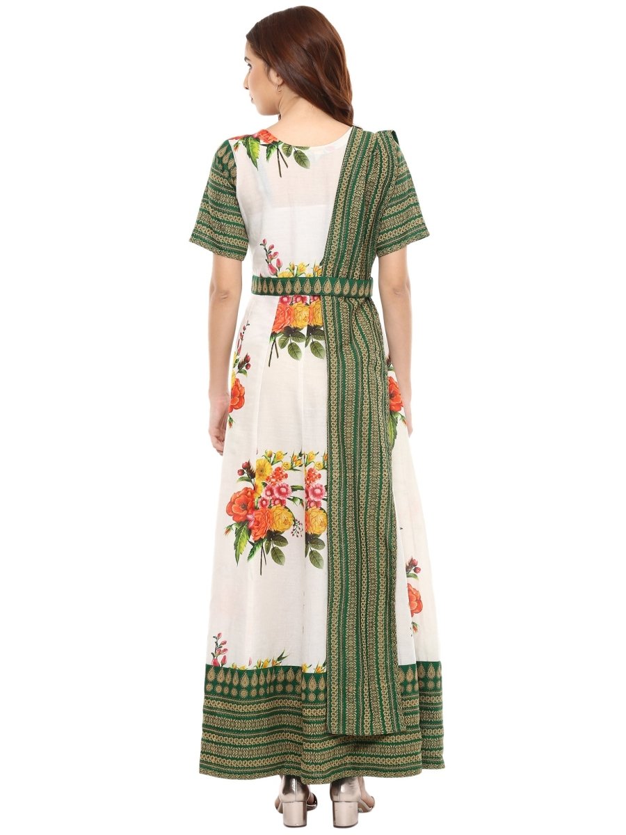Ahalyaa Cotton Floral Attached Dupatta With Belt Flared Kurta | Swadesiicart