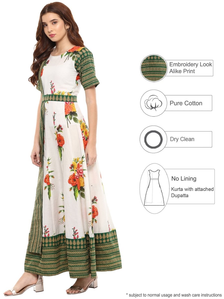 Ahalyaa Cotton Floral Attached Dupatta With Belt Flared Kurta | Swadesiicart