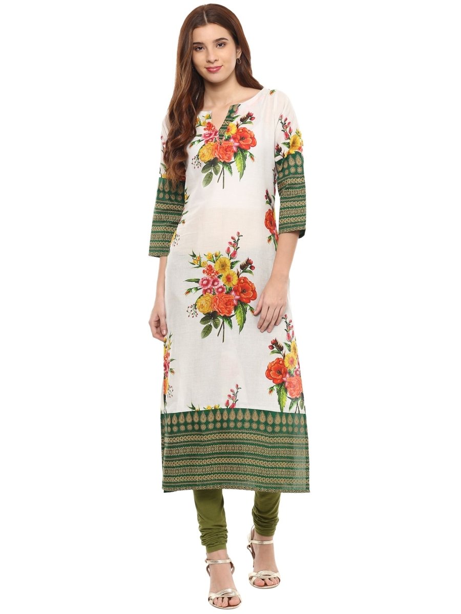Ahalyaa Floral Cotton Blend Straight Off white Kurta | Swadesiicart