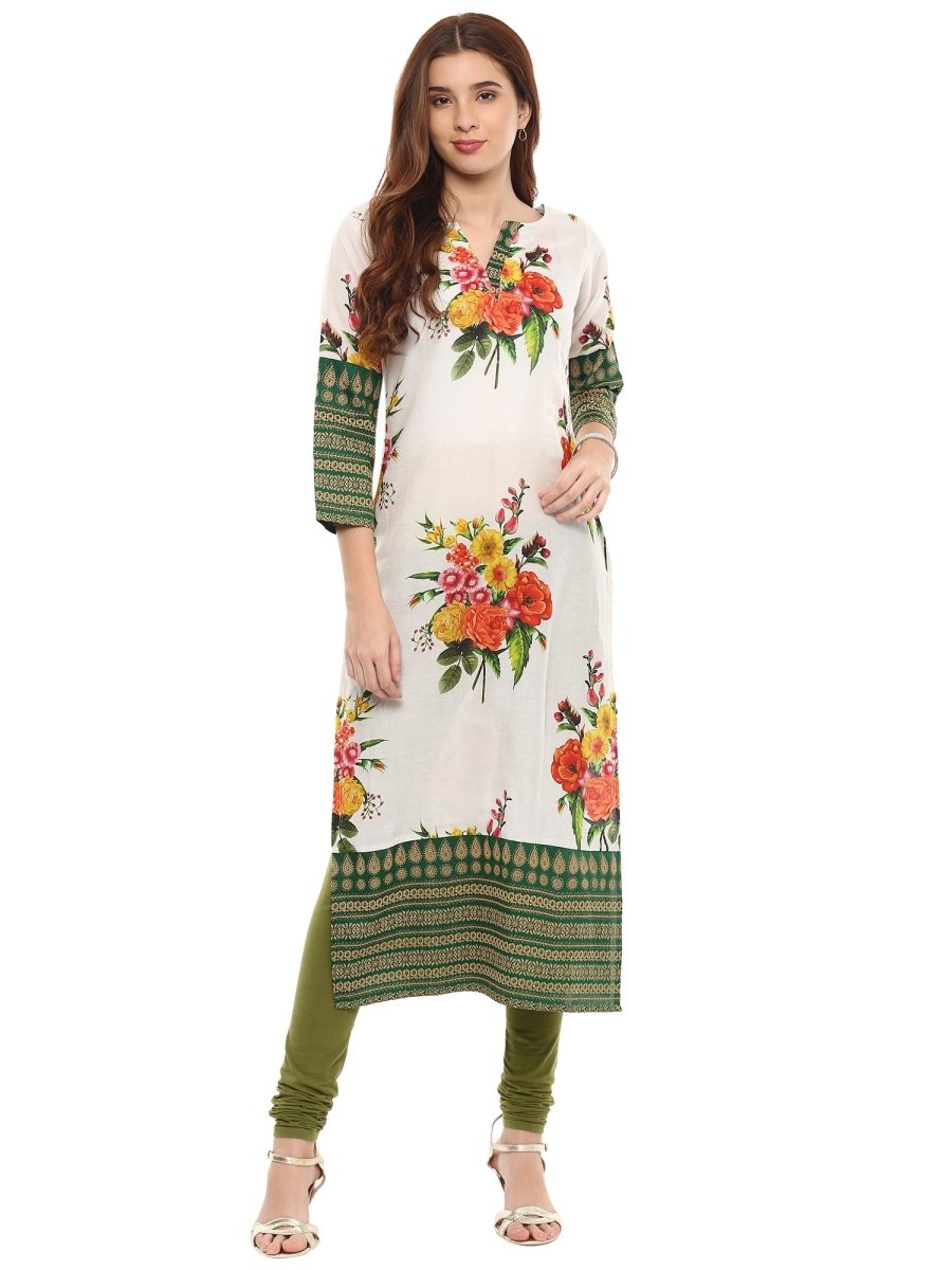 Ahalyaa Floral Cotton Blend Straight Off white Kurta | Swadesiicart