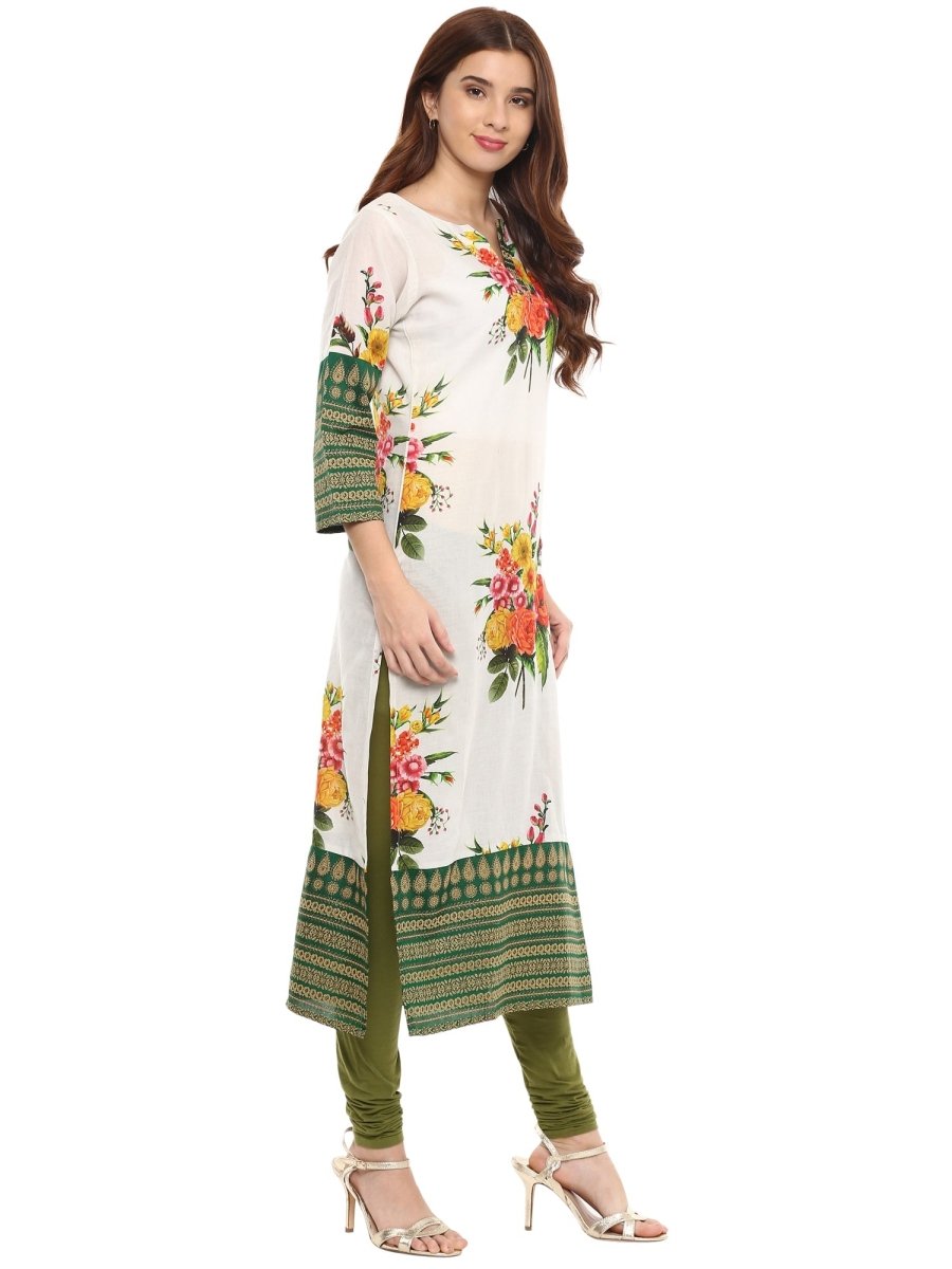 Ahalyaa Floral Cotton Blend Straight Off white Kurta | Swadesiicart