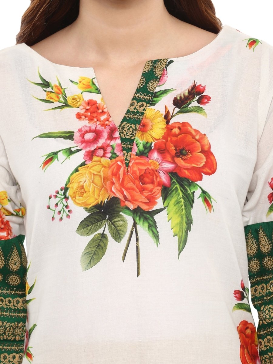 Ahalyaa Floral Cotton Blend Straight Off white Kurta | Swadesiicart