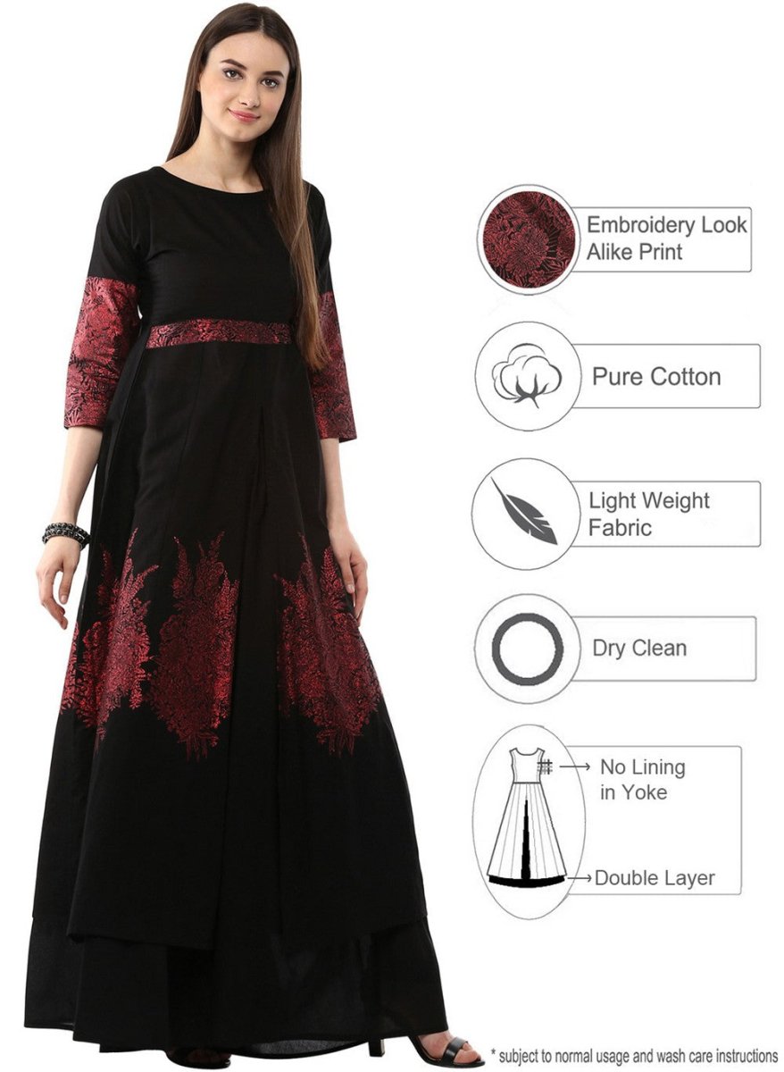 Ahalyaa Black & Red Cotton Blend Floor Length Anarkali Kurta Dress | Swadesiicart