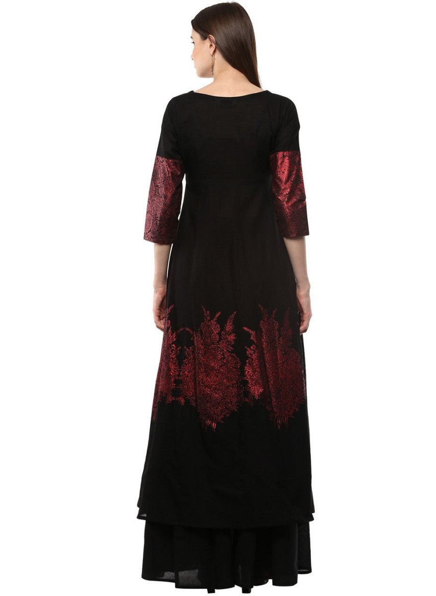Ahalyaa Black & Red Cotton Blend Floor Length Anarkali Kurta Dress | Swadesiicart