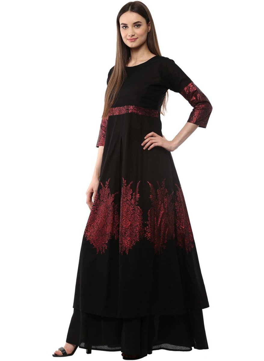 Ahalyaa Black & Red Cotton Blend Floor Length Anarkali Kurta Dress | Swadesiicart