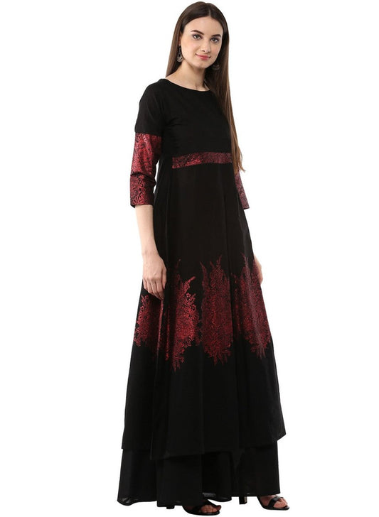 Ahalyaa Black & Red Cotton Blend Floor Length Anarkali Kurta Dress | Swadesiicart