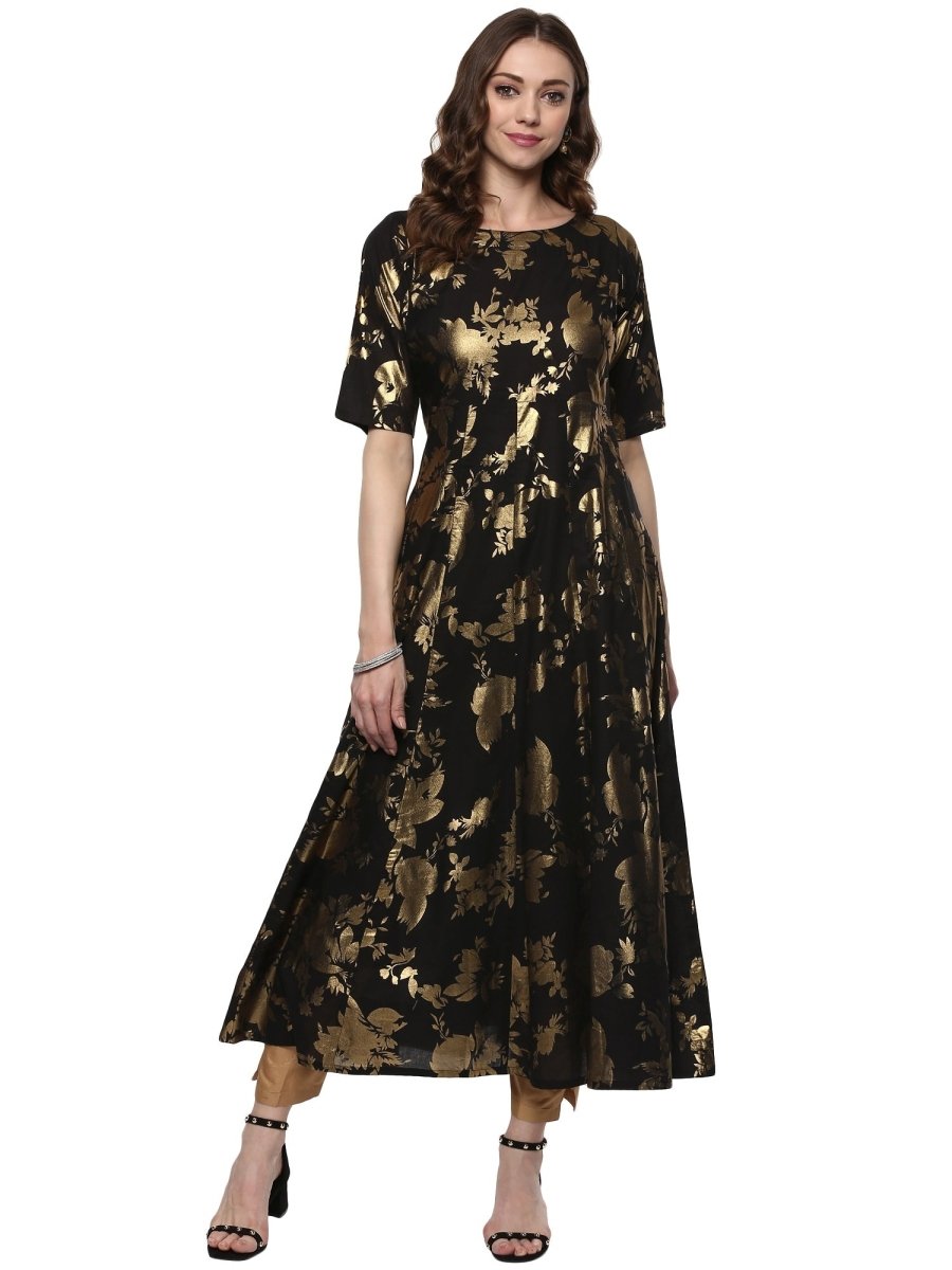 Ahalyaa Black Floor Length Cotton Blend Anarkali With Gold Print | Swadesiicart