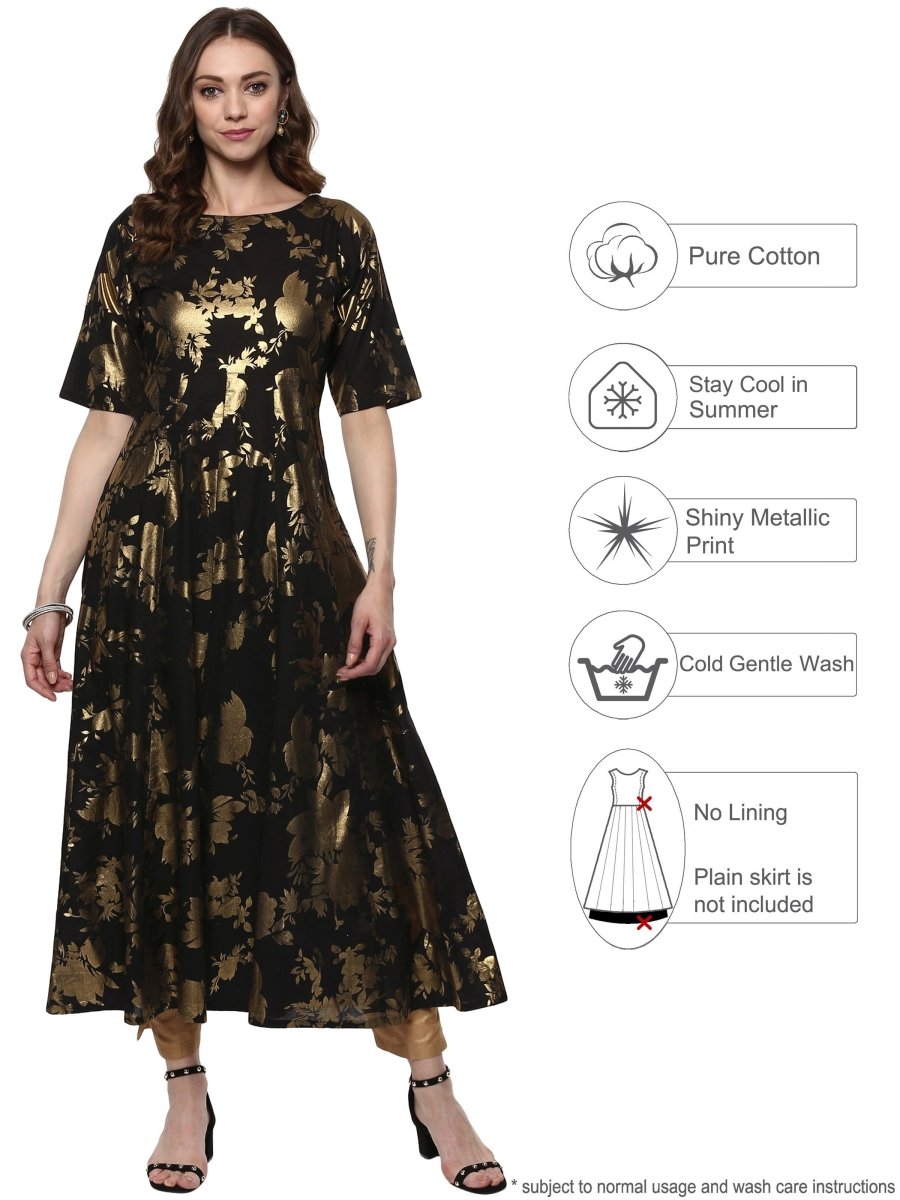 Ahalyaa Black Floor Length Cotton Blend Anarkali With Gold Print | Swadesiicart