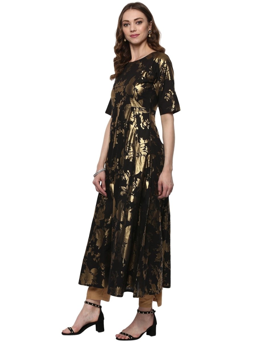 Ahalyaa Black Floor Length Cotton Blend Anarkali With Gold Print | Swadesiicart