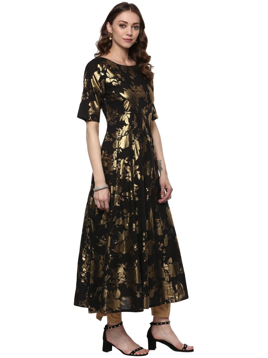 Ahalyaa Black Floor Length Cotton Blend Anarkali With Gold Print | Swadesiicart