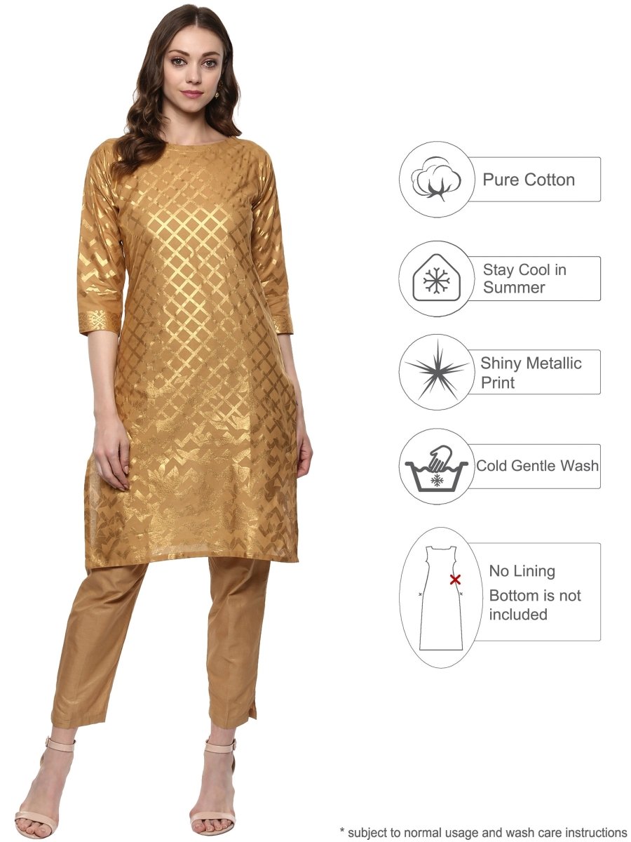 Ahalyaa Short Beige Cotton Blend Kurta With Metallic Gold Chevron Print | Swadesiicart