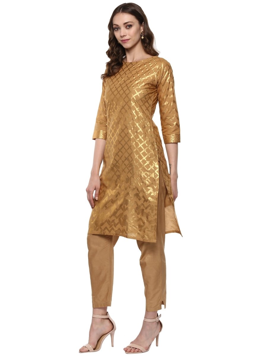 Ahalyaa Short Beige Cotton Blend Kurta With Metallic Gold Chevron Print | Swadesiicart