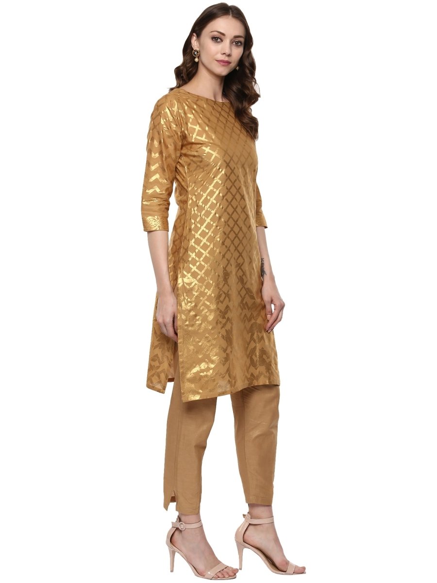 Ahalyaa Short Beige Cotton Blend Kurta With Metallic Gold Chevron Print | Swadesiicart