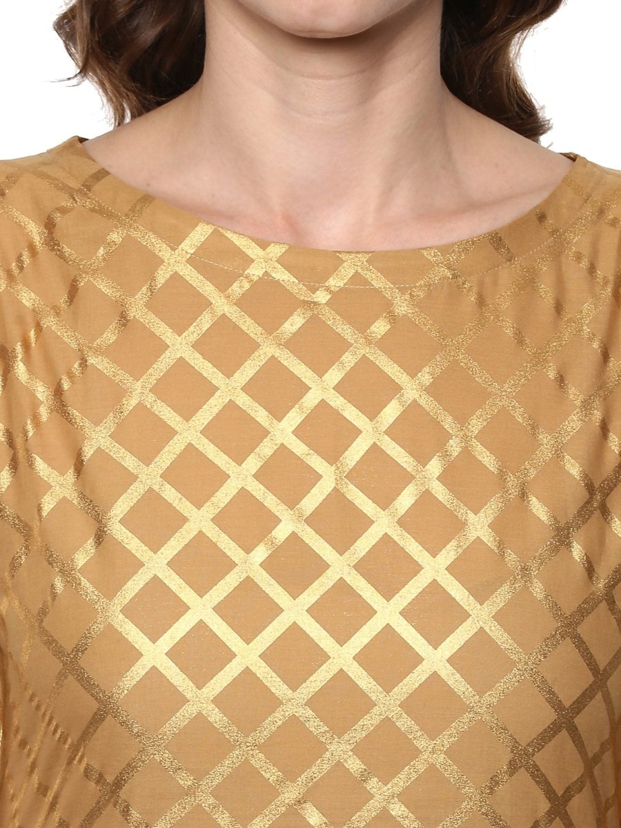 Ahalyaa Short Beige Cotton Blend Kurta With Metallic Gold Chevron Print | Swadesiicart