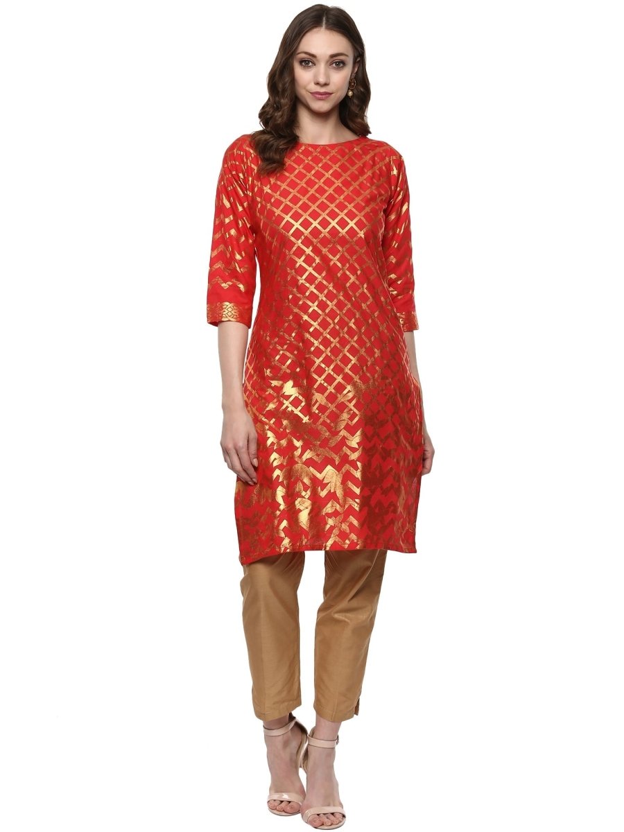 Ahalyaa Fiery Red Cotton Blend Kurta With Metallic Gold Print | Swadesiicart