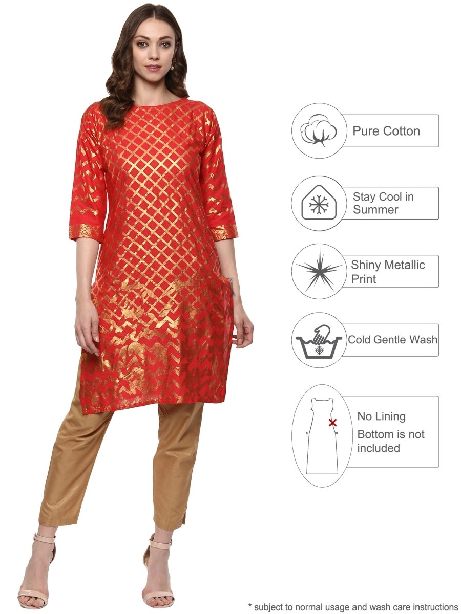 Ahalyaa Fiery Red Cotton Blend Kurta With Metallic Gold Print | Swadesiicart
