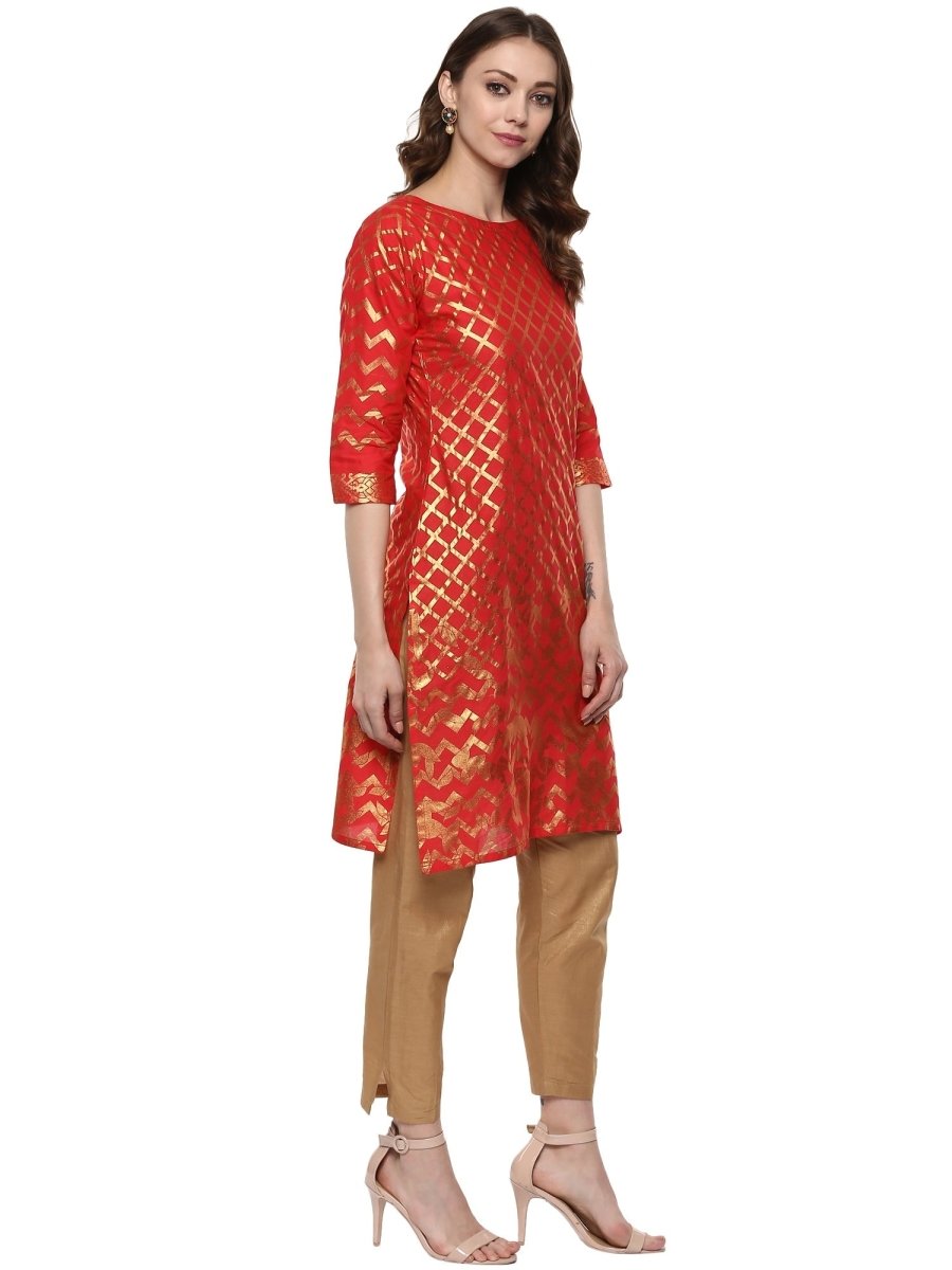 Ahalyaa Fiery Red Cotton Blend Kurta With Metallic Gold Print | Swadesiicart