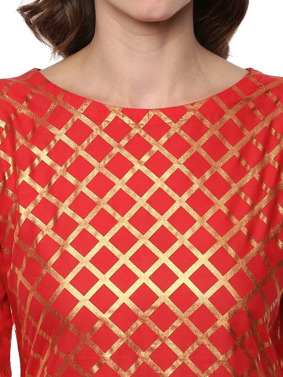 Ahalyaa Fiery Red Cotton Blend Kurta With Metallic Gold Print | Swadesiicart