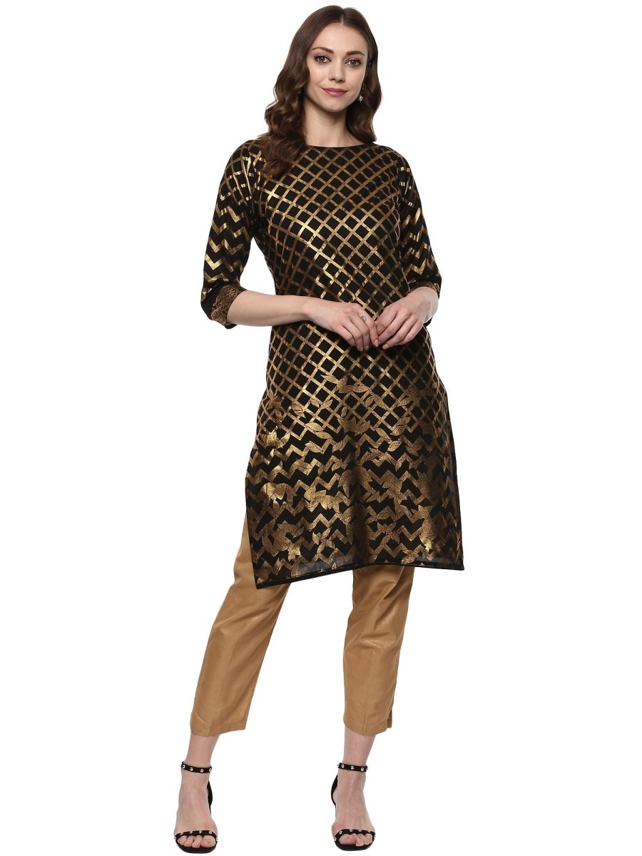 Ahalyaa Women Classic Black Cotton Blend Short Kurta with Metallic Print | Swadesiicart
