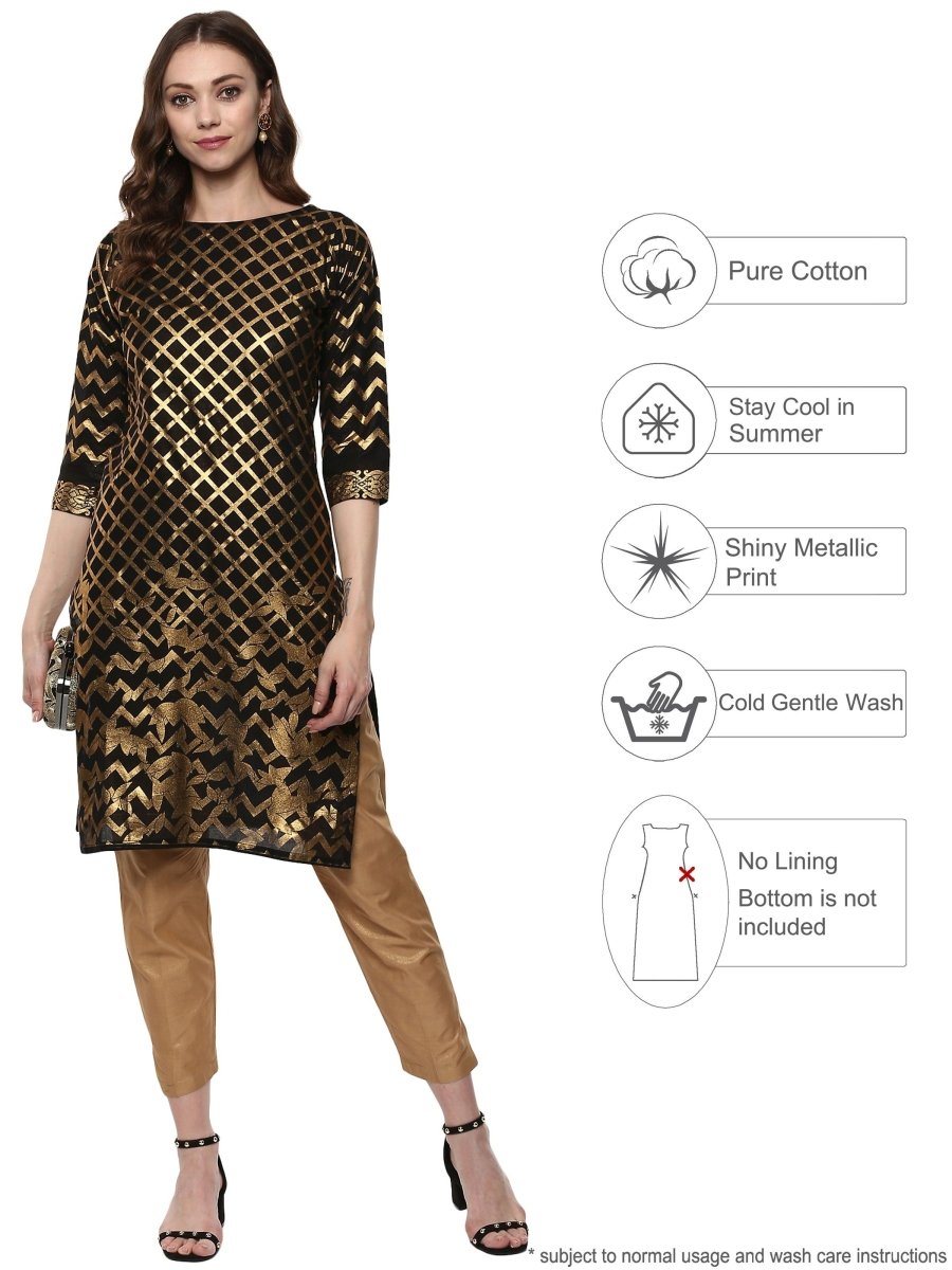 Ahalyaa Women Classic Black Cotton Blend Short Kurta with Metallic Print | Swadesiicart