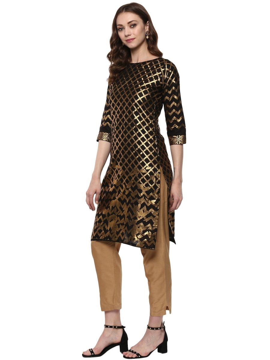 Ahalyaa Women Classic Black Cotton Blend Short Kurta with Metallic Print | Swadesiicart