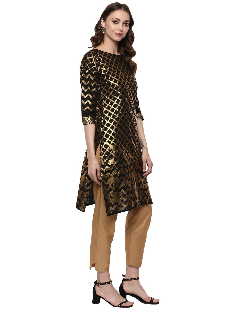 Ahalyaa Women Classic Black Cotton Blend Short Kurta with Metallic Print | Swadesiicart