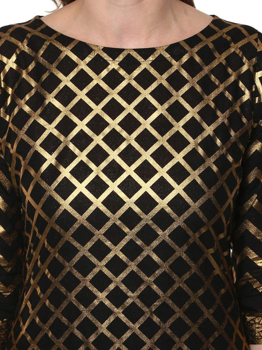 Ahalyaa Women Classic Black Cotton Blend Short Kurta with Metallic Print | Swadesiicart