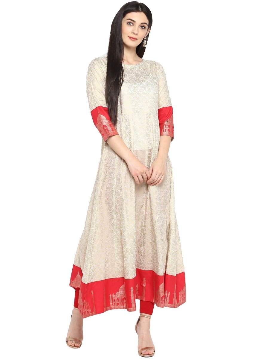 Ahalyaa Off White & Red Gold Printed Anarkali | Swadesiicart