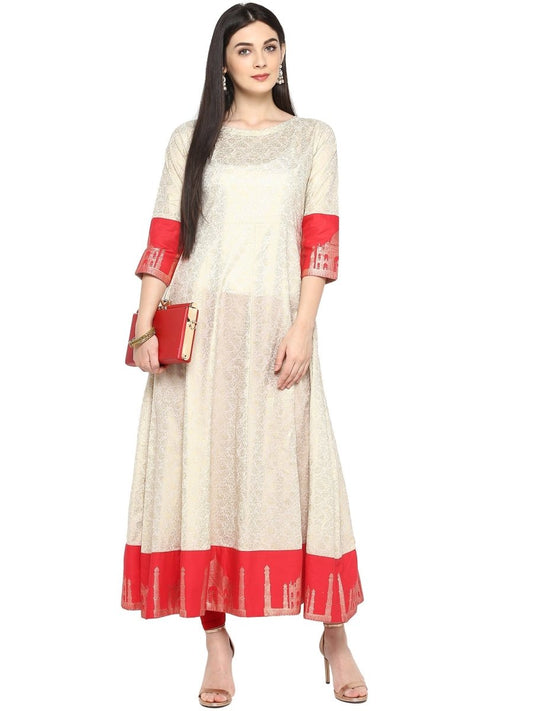 Ahalyaa Off White & Red Gold Printed Anarkali | Swadesiicart