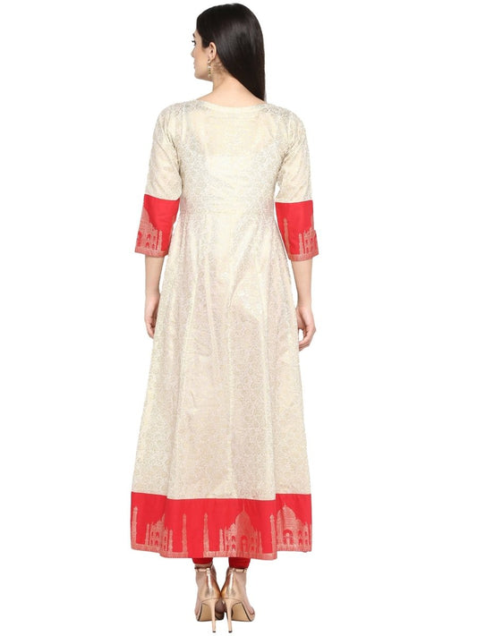 Ahalyaa Off White & Red Gold Printed Anarkali | Swadesiicart