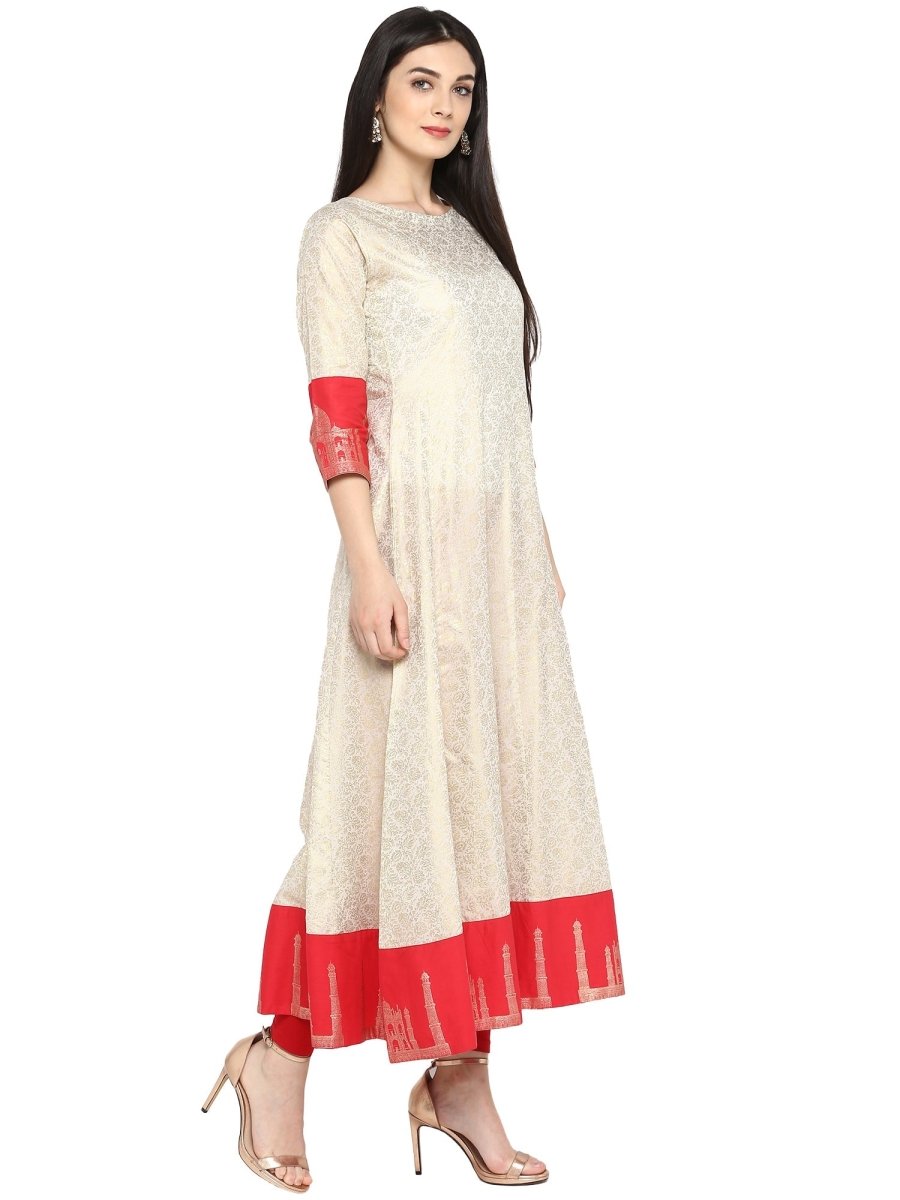 Ahalyaa Off White & Red Gold Printed Anarkali | Swadesiicart