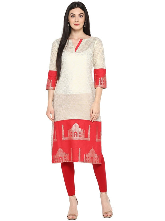 Ahalyaa Off White & Red Metallic Printed Straight Cotton Blend Beautiful Kurta | Swadesiicart