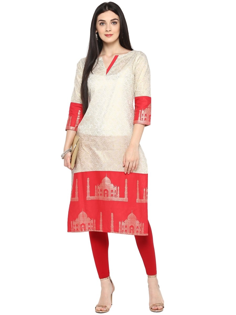 Ahalyaa Off White & Red Metallic Printed Straight Cotton Blend Beautiful Kurta | Swadesiicart