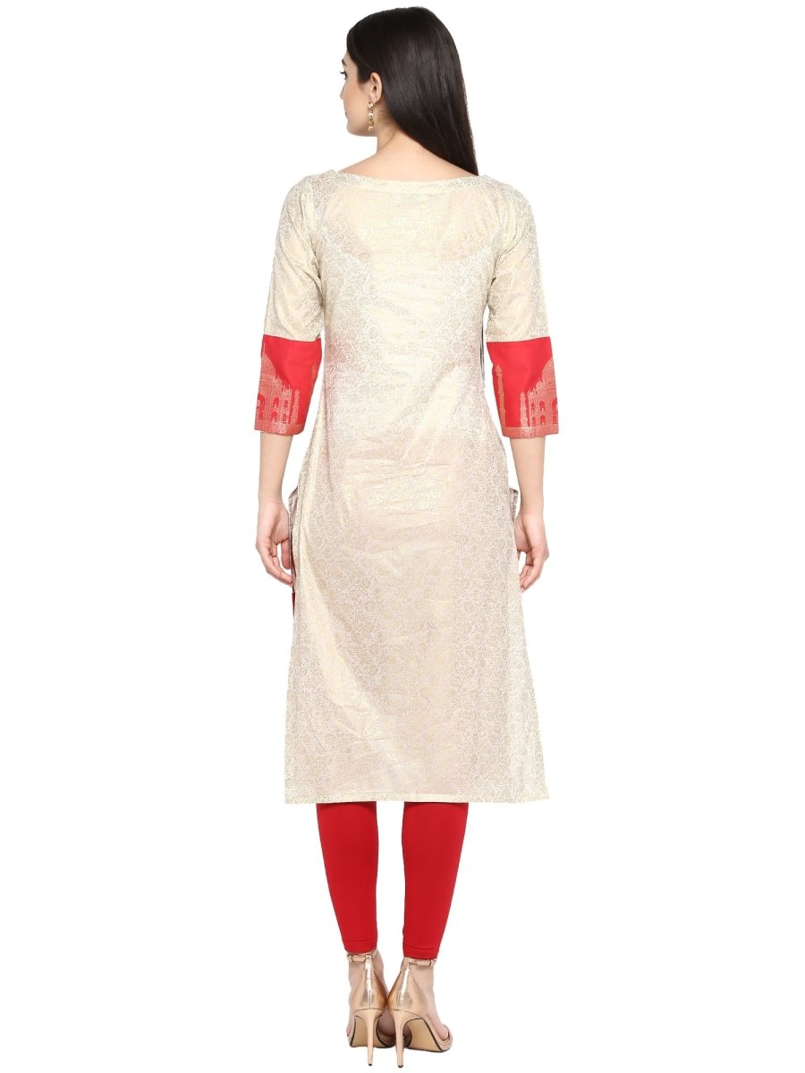 Ahalyaa Off White & Red Metallic Printed Straight Cotton Blend Beautiful Kurta | Swadesiicart